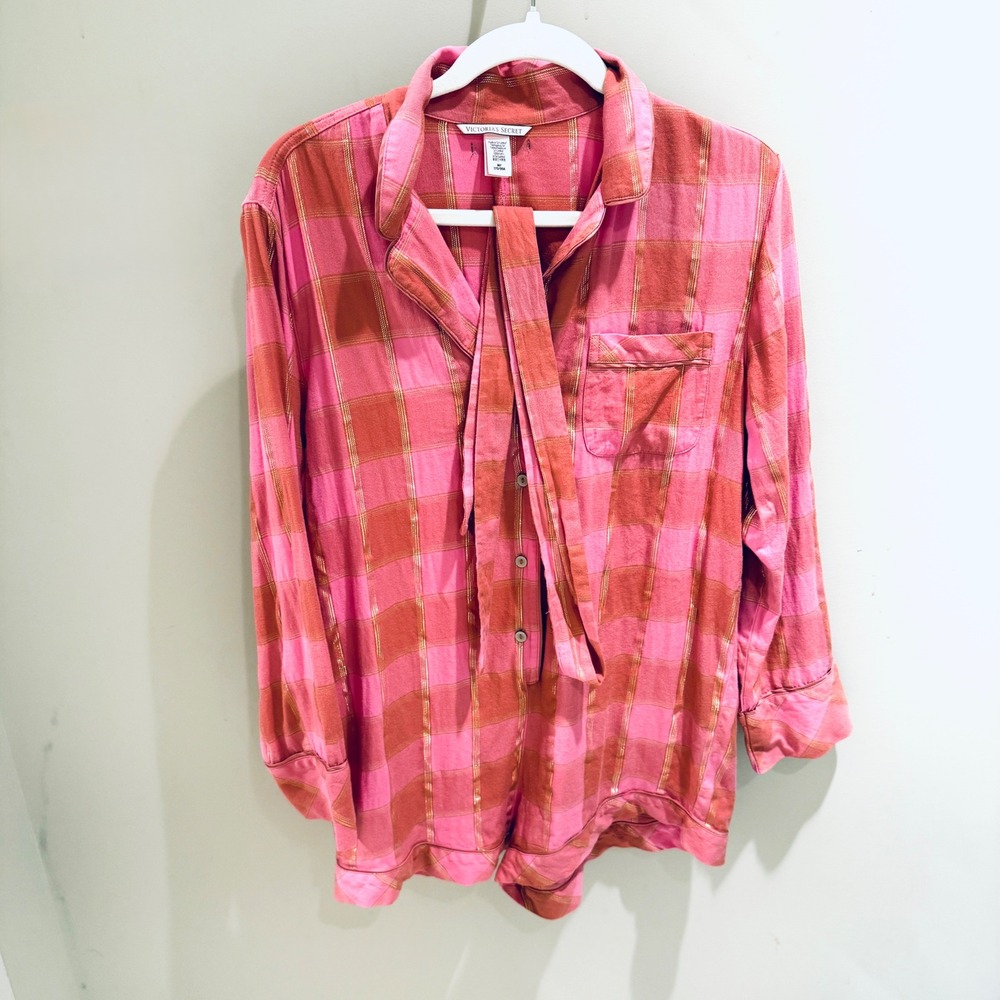 Victoria's Secret Romper Pajama Set Plaid Pink‎ Gold Sleepwear Medium
